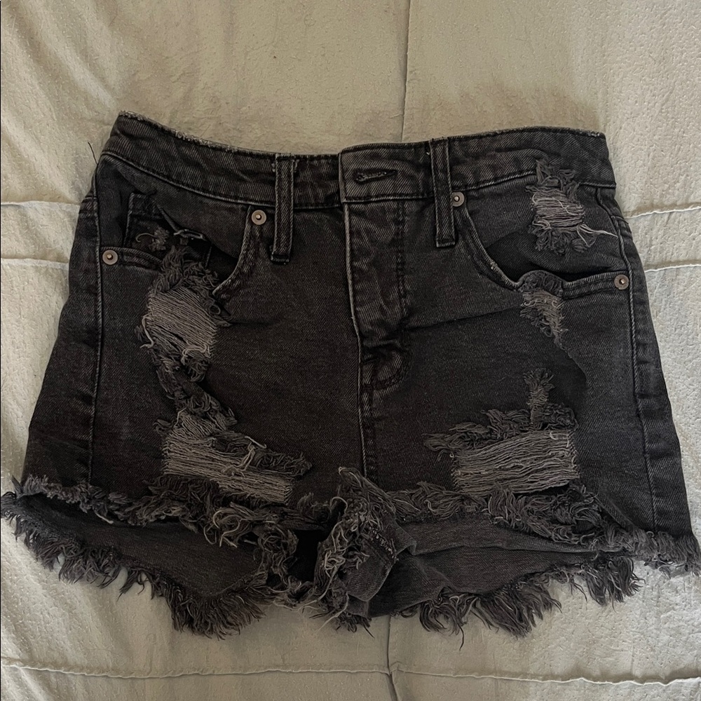 Distressed Black Denim Shorts